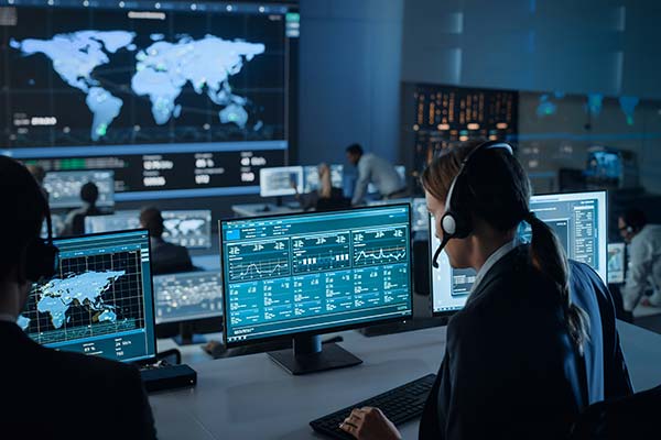 A team in a control room monitoring security systems