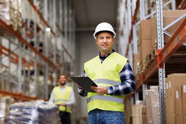 A worker in safety gear in an electronics manufacturing plant